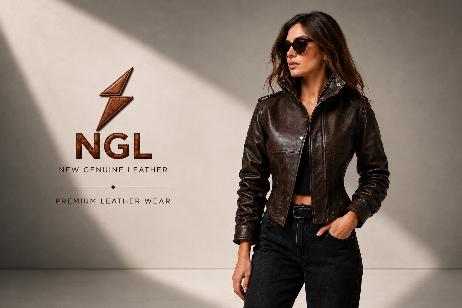 women brown leather jacket with NGL New Genuine Leather branding