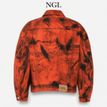 NEW GENUINE LEATHER Acid Wash Denim Jacket back with orange black marbled panels and NGL hem label