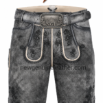 NEW GENUINE LEATHER antique lederhosen showing curved pocket and side ties
