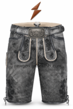 NEW GENUINE LEATHER antique lederhosen showing curved pocket and side ties