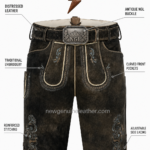 NEW GENUINE LEATHER Bavarian lederhosen for men with curved pocket and cream piping