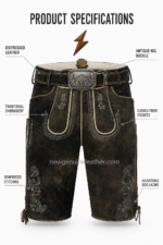 NEW GENUINE LEATHER Bavarian lederhosen for men with curved pocket and cream piping