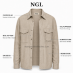 NEW GENUINE LEATHER goat suede shirt with dark front buttons and precise beige panel stitching