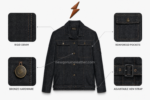 NEW GENUINE LEATHER Black Denim Jacket pocket with NGL branding