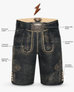 NEW GENUINE LEATHER Black embroidered lederhosen with curved pocket and cream piping
