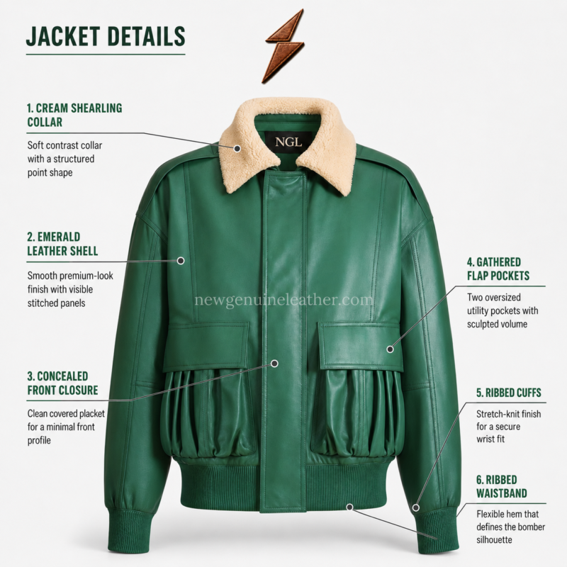 NGL New Genuine Leather bomber leather jacket details with shearling collar and gathered flap pockets