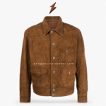 NEW GENUINE LEATHER field jacket showing dark metal buttons and brown suede front panels