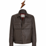 NGL leather safari jacket in dark brown with four flap pockets, button closure, and pointed collar