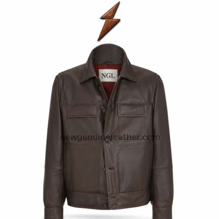 NGL leather safari jacket in dark brown with four flap pockets, button closure, and pointed collar