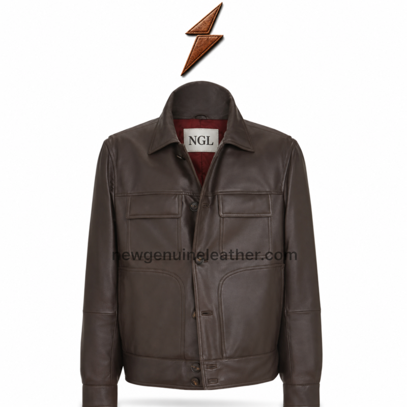 NGL leather safari jacket in dark brown with four flap pockets, button closure, and pointed collar