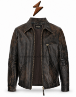 NEW GENUINE LEATHER distressed brown jacket with two chest and two lower zipper pockets