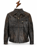 NEW GENUINE LEATHER brown café-racer jacket with shaped rear panels and stitched seams