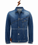 NEW GENUINE LEATHER cropped denim jacket wholesale back view with dark-blue washed panels