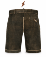 NGL dark brown lederhosen with turquoise scroll embroidery and cream outlined front panels