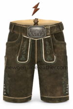 NGL dark brown lederhosen front view with turquoise embroidery and branded mountain buckle