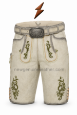 NGL lederhosen deer leather angled view with cream piping by NEW GENUINE LEATHER