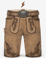 NGL lederhosen deer leather angled view with cream piping by NEW GENUINE LEATHER