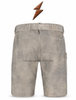 NGL grey leather lederhosen angled view with cream piping by NEW GENUINE LEATHER