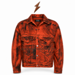 NEW GENUINE LEATHER Acid Wash Denim Jacket pocket detail with black metal button and orange topstitching