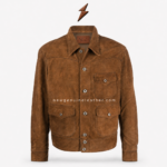 NEW GENUINE LEATHER field jacket back view with brown suede texture and stitched yoke panels