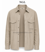 NEW GENUINE LEATHER goat suede shirt back view with a light beige finish and structured shoulder seams