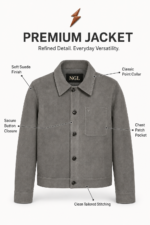 NGL leather jacket back view with a grey suede-style surface and clean stitched panels