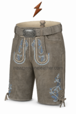 NGL grey lederhosen for men with antique silver mountain buckle and wide matching belt