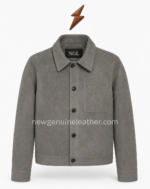 NGL leather jacket with pointed collar, grey panel design, and single chest pocket