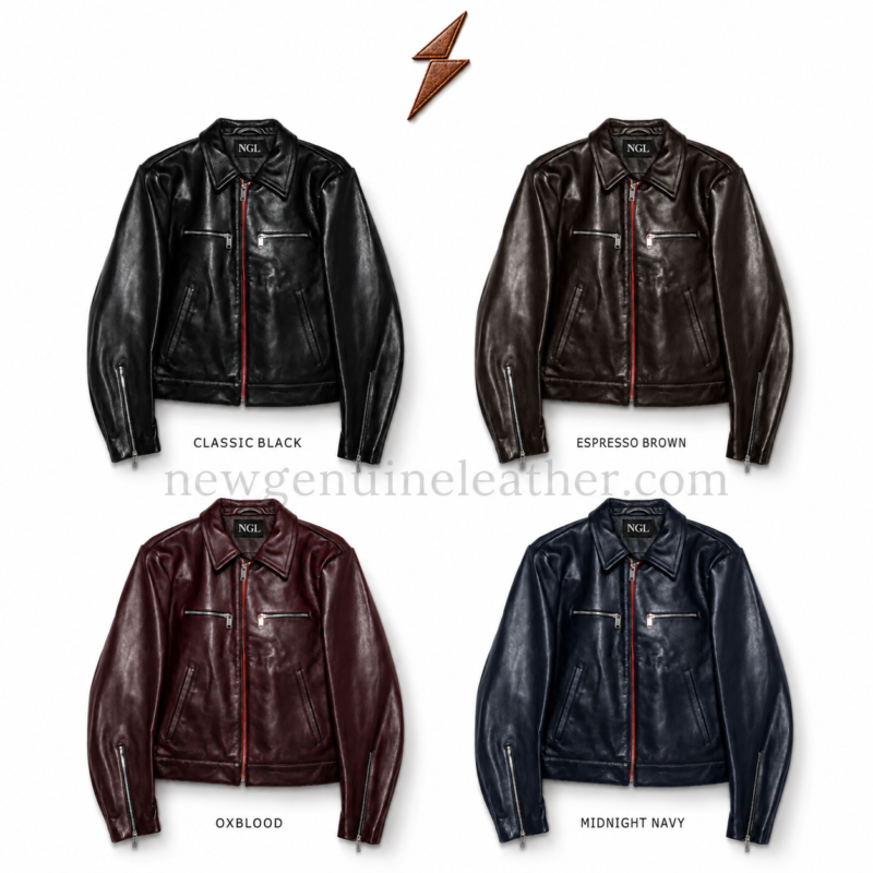 NGL mens black leather jacket back view with monochrome architectural portrait artwork