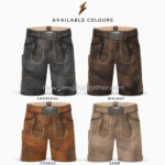 New Genuine Leather men’s genuine leather lederhosen showing tan piping and four-button side detail