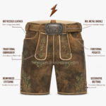 NEW GENUINE LEATHER Men’s Leather Lederhosen with green embroidery and contrasting piping