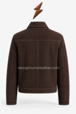 New Genuine Leather men’s suede jackets wholesale with pointed collar, symmetrical flap pockets and cream stitching
