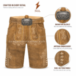 NGL tan lederhosen with cream floral embroidery and golden piping