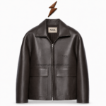 NEW GENUINE LEATHER leather overshirt back view with dark-brown grain and stitched shoulder yoke