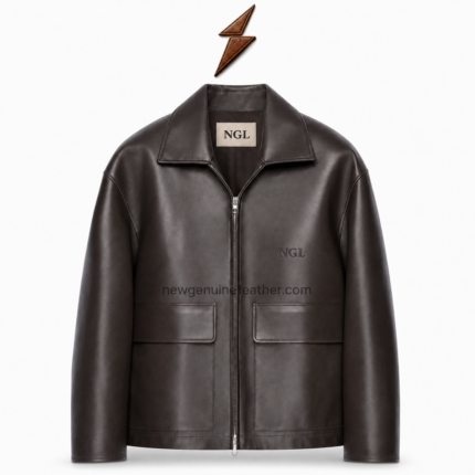 NEW GENUINE LEATHER leather overshirt back view with dark-brown grain and stitched shoulder yoke