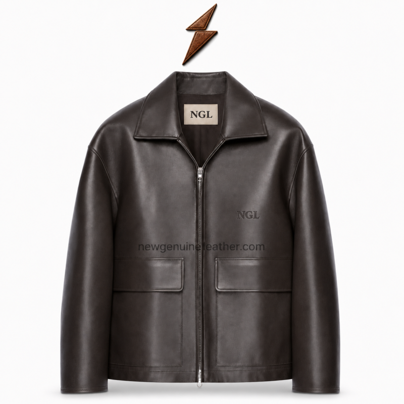 NEW GENUINE LEATHER leather overshirt back view with dark-brown grain and stitched shoulder yoke