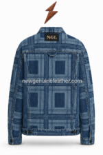 NGL OEM denim jacket supplier vertical pocket with brown logo emblem