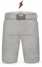 NGL men’s leather shorts with curved pocket, tonal stitching, and metal rivets