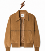 NGL genuine suede leather jacket with dark brown ribbed collar and clean shoulder seams