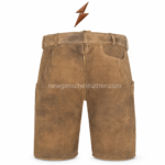NGL tan embroidered lederhosen side view showing four decorative leg buttons