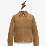Suede Jacket Manufacturer NEW GENUINE LEATHER tan suede jacket with an open zipper and NGL neck label