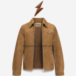NEW GENUINE LEATHER tan suede bomber jacket with an angled welt pocket