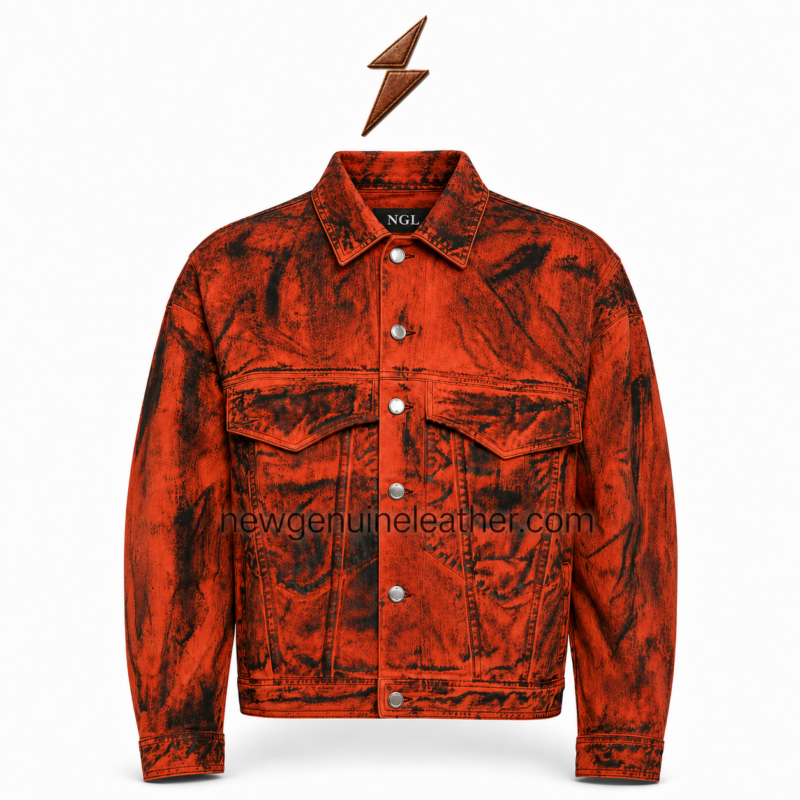 NGL Acid Wash Denim Jacket front in orange and black with four pockets and metal buttons