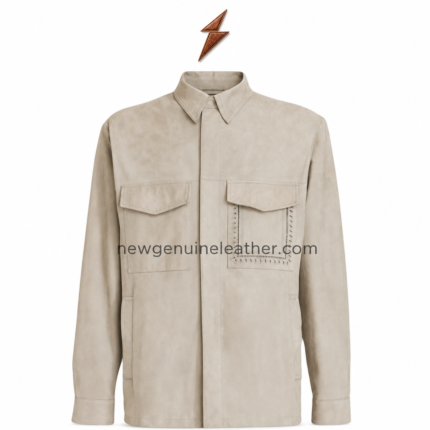 NGL goat suede shirt in light beige with four flap pockets, dark buttons, and a pointed collar