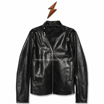 NGL Genuine leather biker jacket in black with asymmetrical silver zipper