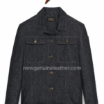 NGL Black Denim Jacket front view with brass buttons and flap pockets