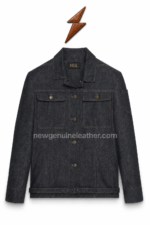 NGL Black Denim Jacket front view with brass buttons and flap pockets