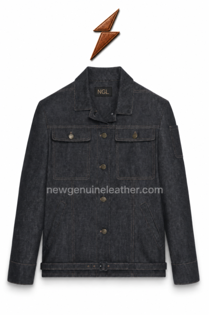 NGL Black Denim Jacket front view with brass buttons and flap pockets