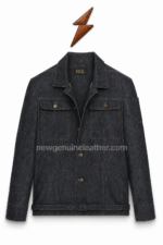 NGL Black Denim Jacket open pose with branded inner-collar label