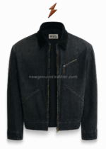 NEW GENUINE LEATHER washed-black denim jacket with NGL collar branding